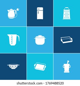 Utensil icon set and mortar with pestle with colander, tray, electric kettle. Cake tray related utensil icon vector for web UI logo design.
