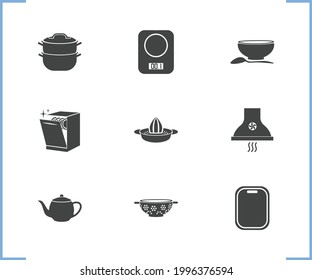 Utensil icon set and scales with stove hood, bowl and dishwasher. Saucepan related utensil icon vector for web UI logo design.