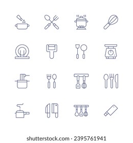 Utensil icon set. Thin line icon. Editable stroke. Containing spices, dish rack, pasta, pressure cooker, cutlery, peeler, knives, pot, cooking, utensil, kitchen scale, knife, kitchen utensils.