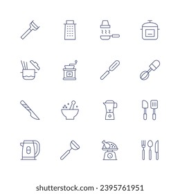 Utensil icon set. Thin line icon. Editable stroke. Containing peeler, pasta, scalpel, electric kettle, grater, hood, grinder, mortar, mixer, measure, express pot, whisk, spatula, cutlery.