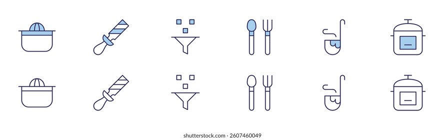 Utensil icon set in two styles, Duotone and Thin Line style. Editable stroke. squeezer, rasp, cutlery, filter, ladle, express pot.