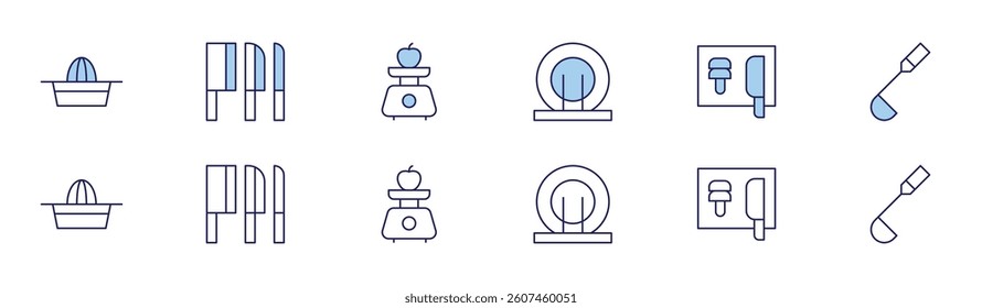 Utensil icon set in two styles, Duotone and Thin Line style. Editable stroke. squeezer, knives, dish rack, scale, cooking, ladle.