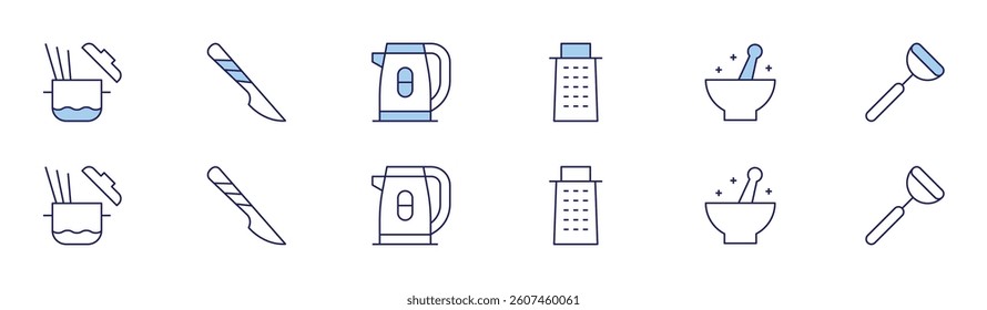 Utensil icon set in two styles, Duotone and Thin Line style. Editable stroke. pasta, scalpel, electric kettle, grater, mortar, peeler.