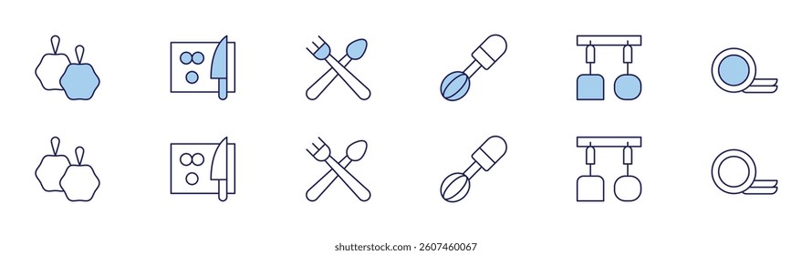 Utensil icon set in two styles, Duotone and Thin Line style. Editable stroke. loofah, whisk, cutting board, kitchen utensils, cutlery, clean dishes.
