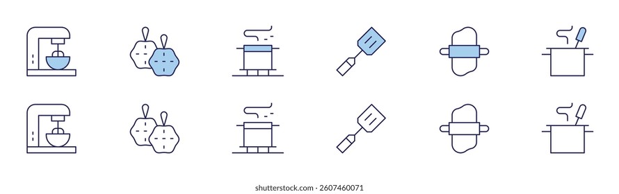 Utensil icon set in two styles, Duotone and Thin Line style. Editable stroke. mixer, spatula, loofah, rolling pin, pot.