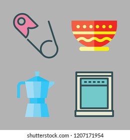 utensil icon set. vector set about kettle, oven, safety pin and bowl icons set.