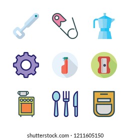 utensil icon set. vector set about safety pin, bottle opener, kettle and stove icons set.