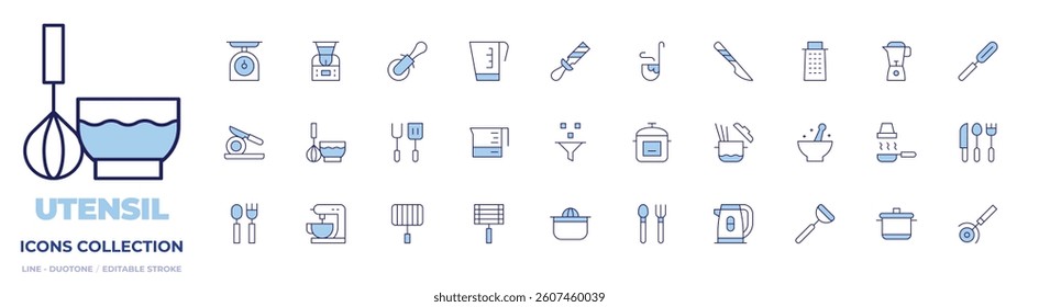 Utensil icons collection. Line Duotone style, editable stroke. pizza cutter, grill, pasta, cutting, scalpel, scale, electric kettle, grater, hood, spatula, cutlery.
