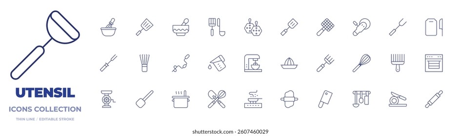 Utensil icons collection. Thin Line icons, editable stroke. whisk, mixer, afro comb, scoop, spatula, rolling pin, meat grinder, loofah, fork, juicer, pan, cutting.