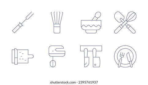 Utensil icons. Editable stroke. Containing fork, whisk, cutting board, mixer, mortar, knife, eating.