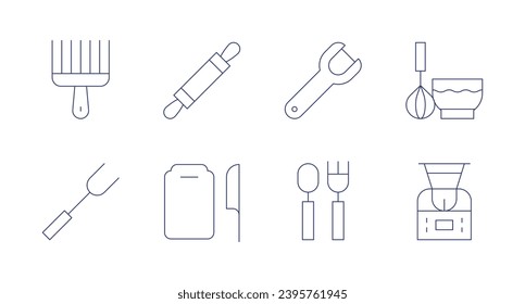 Utensil icons. Editable stroke. Containing afro comb, rolling pin, fork, cutting board, peeler, cutlery, whisk, robot.