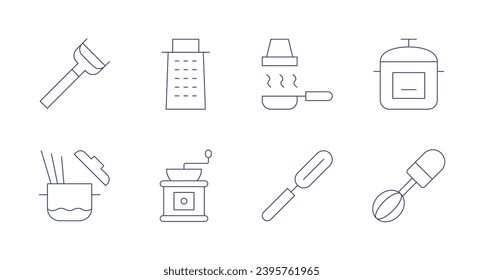 Utensil icons. Editable stroke. Containing peeler, pasta, grater, hood, grinder, express pot, whisk.