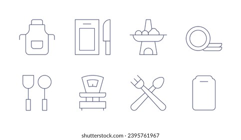 Utensil icons. Editable stroke. Containing cutting board, apron, kitchenware, pot, scale, cutlery, clean dishes.