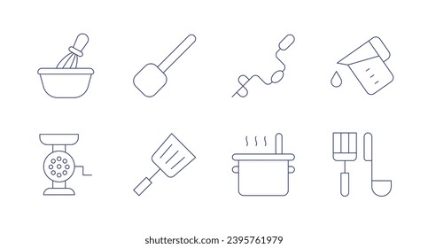 Utensil icons. Editable stroke. Containing whisk, scoop, meat grinder, spatula, drill, boiling, measure cup, kitchen tools.