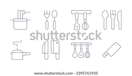 Utensil icons. Editable stroke. Containing pasta, pressure cooker, cutlery, knives, knife, kitchen utensils.