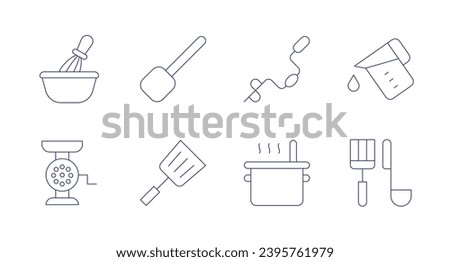 Utensil icons. Editable stroke. Containing whisk, scoop, meat grinder, spatula, drill, boiling, measure cup, kitchen tools.