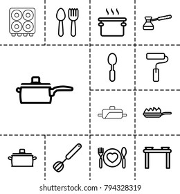 Utensil icons. set of 13 editable outline utensil icons such as spoon and fork, pan, table with plates and pan, spoon, plate with spoon and fork, paint roller, corolla