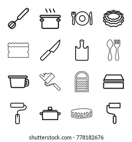 Utensil icons. set of 16 editable outline utensil icons such as plate fork and spoon, sponge, roller, pan, pot, paint roller, corolla, chopping board, knife