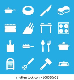 Utensil icons set. set of 16 utensil filled icons such as pan, spoon and fork, sponge, cooker, corolla, pan-fry, chopping board, knife