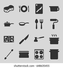 Utensil icons set. set of 16 utensil filled icons such as spoon and fork, plate fork and spoon, cotton buds, sponge, cooker, paint roller, pan, chopping board and knife, knife