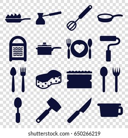 Utensil icons set. set of 16 utensil filled icons such as sponge, spoon, plate with spoon and fork, paint roller, corolla, pan, pan-fry, knife, turk, fork and spoon, pot