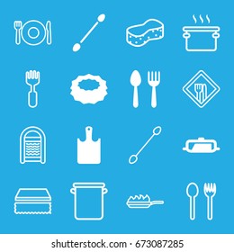 Utensil icons set. set of 16 utensil filled and outline icons such as pan, spoon and fork, cotton buds, sponge, chopping board, restaurant