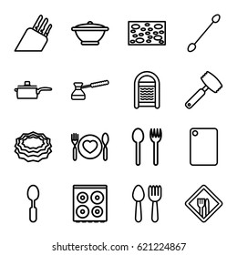 Utensil icons set. set of 16 utensil outline icons such as spoon and fork, cotton buds, sponge, cooker, spoon, restaurant, pan, knife