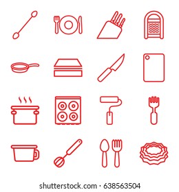 Utensil icons set. set of 16 utensil outline icons such as spoon and fork, plate fork and spoon, cotton buds, sponge, cooker, fork, paint roller, corolla, pan