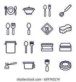 Utensil icons set. set of 16 utensil outline icons such as spoon and fork, sponge, spoon, fork, restaurant, corolla, pan, turk