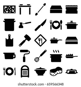 Utensil icons set. set of 25 utensil filled icons such as pan, plate fork and spoon, cotton buds, sponge, plate with spoon and fork, paint roller, restaurant, corolla, pan-fry