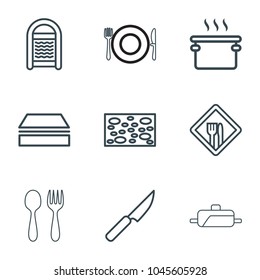 Utensil icons. set of 9 editable outline utensil icons such as sponge, pan, restaurant, knife, spoon and fork