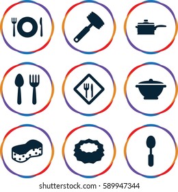 utensil icons set. Set of 9 utensil filled icons such as spoon and fork, plate fork and spoon, sponge, spoon, restaurant, pan
