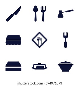 utensil icons set. Set of 9 utensil filled icons such as pan, spoon and fork, sponge, fork, restaurant, knife