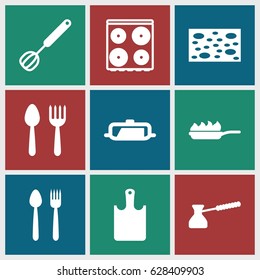 Utensil icons set. set of 9 utensil filled icons such as pan, spoon and fork, sponge, cooker, corolla, pan-fry, chopping board, turk