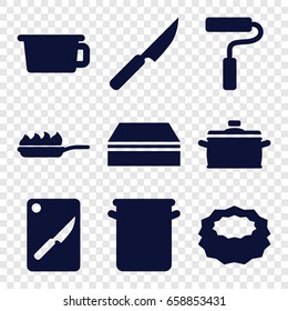 Utensil icons set. set of 9 utensil filled icons such as sponge, paint roller, pan, pan-fry, chopping board and knife, knife