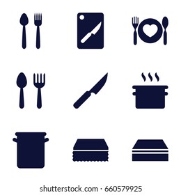 Utensil icons set. set of 9 utensil filled icons such as spoon and fork, sponge, plate with spoon and fork, pan