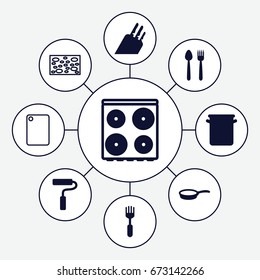 Utensil icons set. set of 9 utensil filled and outline icons such as cooker, fork, paint roller, pan, knife, sponge, chopping board and knife