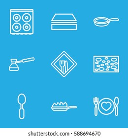 utensil icons set. Set of 9 utensil outline icons such as sponge, cooker, spoon, plate with spoon and fork, restaurant, pan, pan-fry