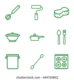 Utensil icons set. set of 9 utensil outline icons such as cotton buds, sponge, cooker, paint roller, corolla, pan