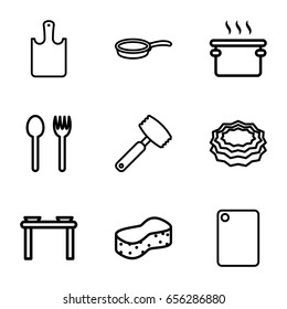 Utensil icons set. set of 9 utensil outline icons such as sponge, pan, chopping board and knife, chopping board, knife, table with plates and pan