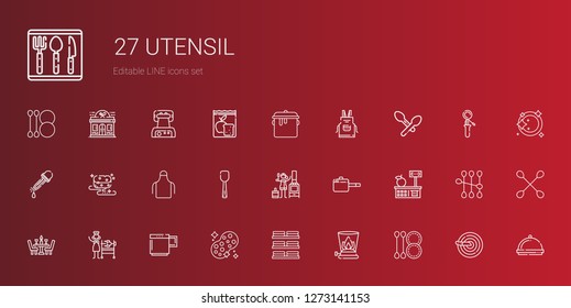 utensil icons set. Collection of utensil with cotton swab, burner, dishes, sponge, mug, rotisserie, dinner, tools and utensils, pan, stove. Editable and scalable utensil icons.