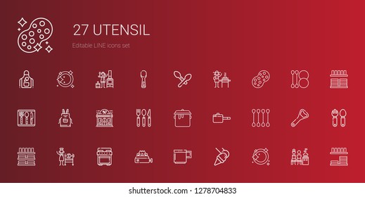 utensil icons set. Collection of utensil with dishwashing, food and restaurant, mug, stove, rotisserie, dinnerware, cotton swab, pan, pot. Editable and scalable utensil icons.