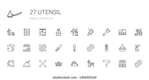 utensil icons set. Collection of utensil with paint roller, rotisserie, stove, dinner, cotton swab, plate, pot, sponge, scoop, knife, dinnerware. Editable and scalable utensil icons.