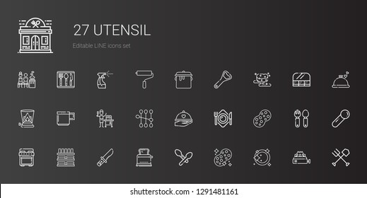 utensil icons set. Collection of utensil with plate, sponge, spoon, toaster, knife, dinnerware, stove, dinner, cotton swab, food and restaurant. Editable and scalable utensil icons.