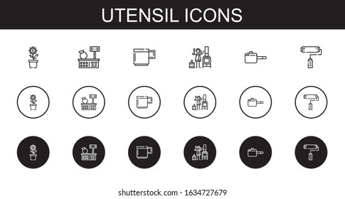 utensil icons set. Collection of utensil with pot, tools and utensils, mug, stove, pan, paint roller. Editable and scalable utensil icons.