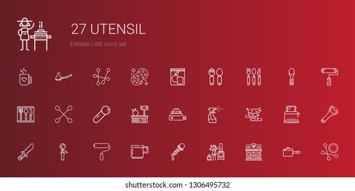 utensil icons set. Collection of utensil with restaurant, stove, eyedropper, mug, paint roller, scoop, knife, sponge, tools and utensils. Editable and scalable utensil icons.