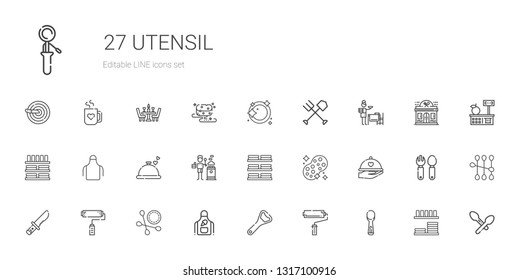 utensil icons set. Collection of utensil with scoop, paint roller, bottle opener, apron, cotton swab, knife, dinner, sponge, dishes, stove. Editable and scalable utensil icons.