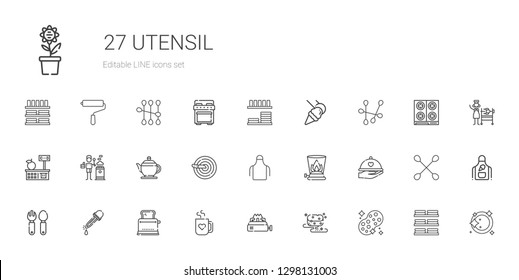 utensil icons set. Collection of utensil with sponge, stove, mug, toaster, eyedropper, cutlery, dinner, burner, apron, knife, teapot, tools and utensils. Editable and scalable utensil icons.