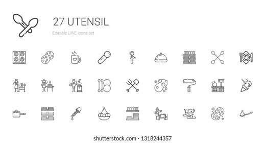 utensil icons set. Collection of utensil with sponge, setting the table, dinnerware, pot, eyedropper, dishes, pan, paint roller, fork, cotton swab. Editable and scalable utensil icons.