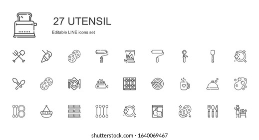 utensil icons set. Collection of utensil with sponge, meal, dishwashing, cotton swab, dishes, pot, mug, knife, stove, plate, spoon, scoop. Editable and scalable utensil icons.